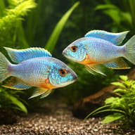 Turquoise Peacock Cichlid — pair in a planted aquarium — representative image - view 2
