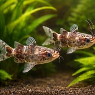 Black Upside-Down Catfish (Synodontis nigriventris) group behaviour among broad leaves — representative image - view 2