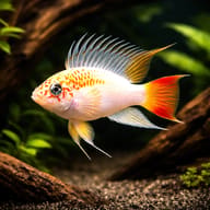 Gold Viejita-Type Dwarf Cichlid with red tail swimming above gravel and wood - view 1
