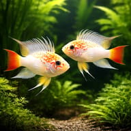 Two Gold Viejita-Type Dwarf Cichlids facing each other among green plants - view 2