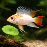 Gold Viejita-Type Dwarf Cichlid swimming above wood beside a round green leaf - view 4