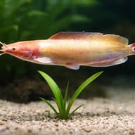 Albino Walking Catfish (Clarias batrachus) beside aquarium plants showing juvenile scale — representative image - view 4