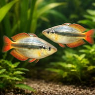 Two Western Rainbowfish (Melanotaenia australis) with orange fins in a planted aquarium - view 2