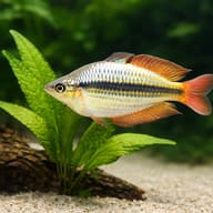 Western Rainbowfish (Melanotaenia australis) beside green leaves, showing a dark stripe and orange fins - view 4