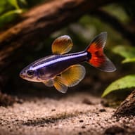 White Cloud Mountain Minnow above sand and driftwood; live fish vary - view 7