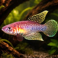 White's Cynolebias / Rio Pearlfish — White's Cynolebias male in a shaded annual-killifish setup — driftwood view - view 1