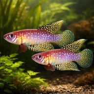 White's Cynolebias / Rio Pearlfish — White's Cynolebias pair with floating cover — planted view - view 2