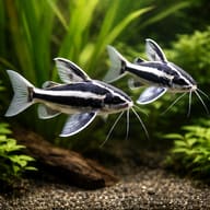 Humbug Catfish, Striped Rap — Xiphophorus Maculatus — Catfish cory pleco — pair in a planted aquarium — representative image - view 2