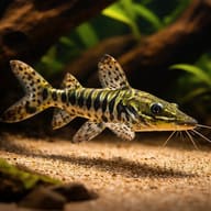 Pseudoplatystoma fasciatum catfish with dark bars and spotted fins above sand - view 1