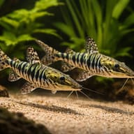 Two Pseudoplatystoma fasciatum catfish swimming over sand among green plants - view 2