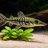 Pseudoplatystoma fasciatum catfish swimming above bright green plants and sand - view 4