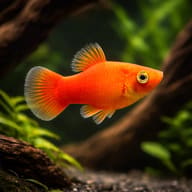 Illustrative orange Assorted Platy swimming beside driftwood in a planted aquarium — representative image - view 1