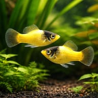 Illustrative pair of yellow-and-black platies in a planted aquarium; one fish is supplied per quantity - view 2