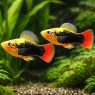 Two gold, black and red platies with yellow dorsal fins swimming over gravel in a planted tank - view 2