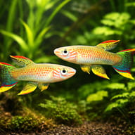 Yellow-Green Gabon Killie (Aphyosemion gabunense) pair in planted aquarium visual — representative image - view 2