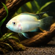 Pale xanthic zebra convict cichlid swimming beside driftwood and plants - view 1