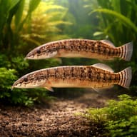 Zebra Spiny Eel (Mastacembelus zebrinus) — pair in a planted aquarium — representative image - view 2