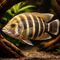 Zebra Tilapia / Buttikoferi Cichlid (Heterotilapia buettikoferi) beside aquarium driftwood — representative image - view 1