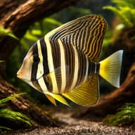 Sailfin Tang with bold dark bands and raised fins swimming among wood and green plants - view 1