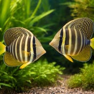 Two Sailfin Tangs facing each other among dense green plants - view 2