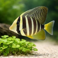 Sailfin Tang swimming above pale gravel and rounded green plants - view 4