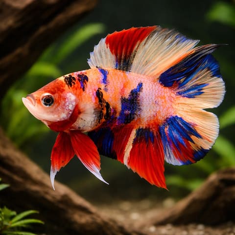 Koi Double Tail Plakat Male Betta with vivid red, blue and white marbling near wood and gravel