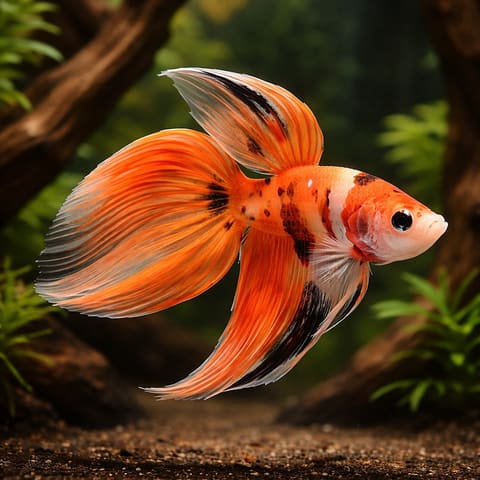 Veiltail Nemo Male Betta with flowing orange, white and black fins among plants and wood