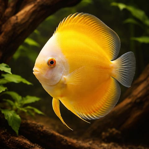 Representative Golden Melon-type discus beside driftwood; colour and pattern vary