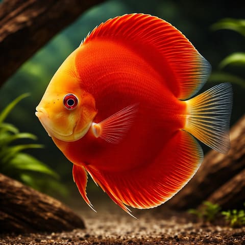 San Merah Red Discus facing left among dark wood and green plants, over pale gravel with a red-orange body