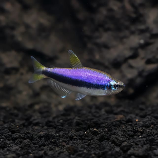 Royal Tetra with an iridescent purple body and black stripe swimming above dark gravel