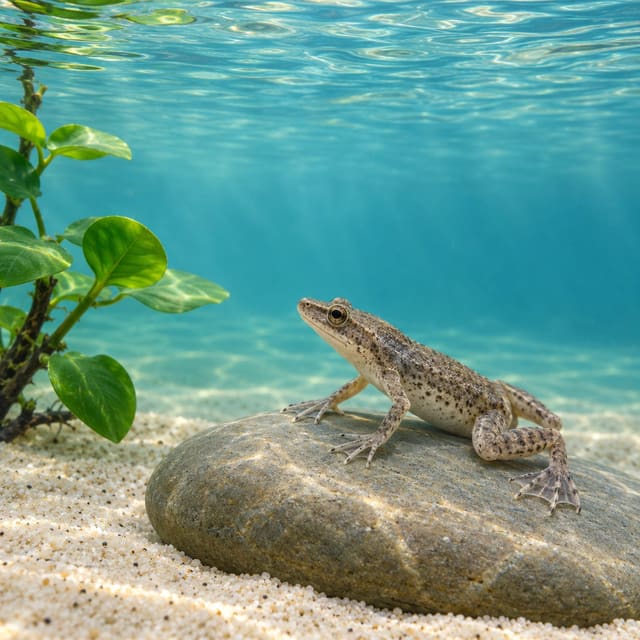 African Dwarf Frog swimming over dark gravel with webbed feet spread