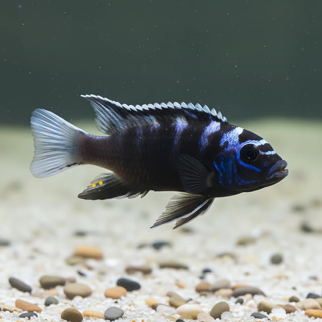 Illustrative yellow-finned Acei Cichlid; supplier tail colour, locality and sex are not guaranteed