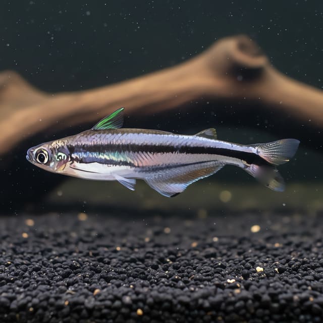 African Glass Catfish with a silvery striped body swimming above black gravel, with dark wood behind