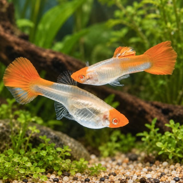 Albino Red Koi Red Nose guppy pair with white bodies, orange-red heads and tails and red eyes, in a planted aquarium