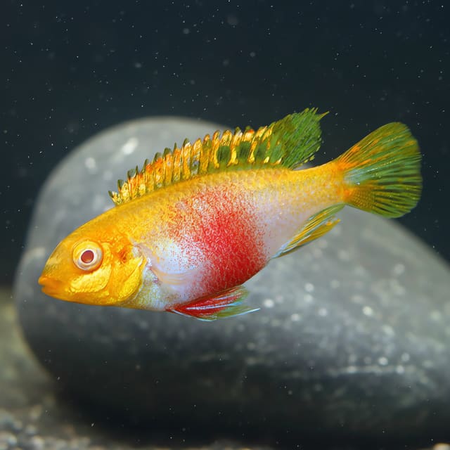 Representative Albino Red Kribensis with a pale gold body, red eye and dark fin spots in a planted aquarium