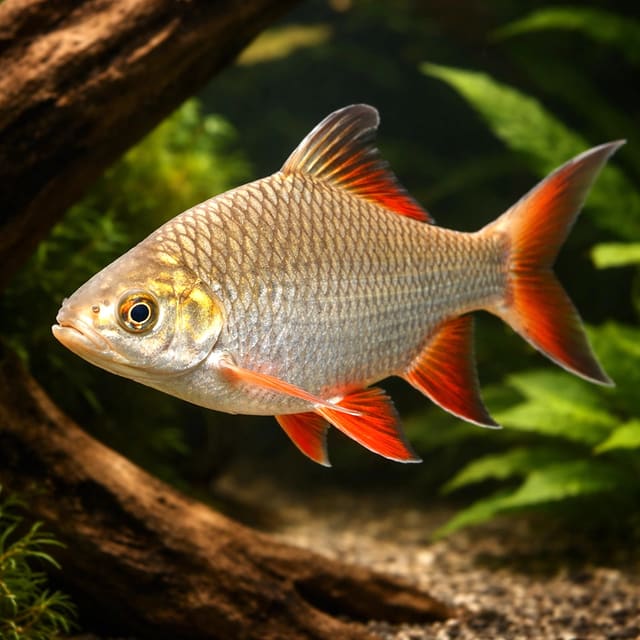 Albino Tinfoil Barb (Barbonymus schwanefeldii) pale body and red fins