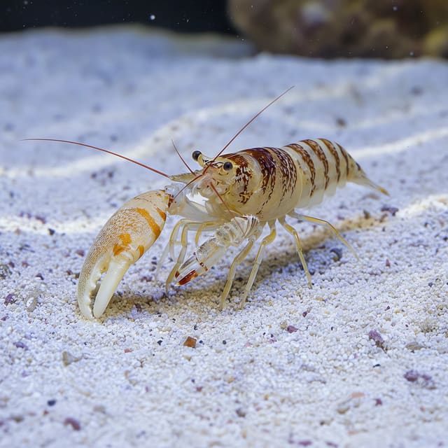 Tiger pistol shrimp Alpheus bellulus M marine invertebrate with striped body and large snapping claw