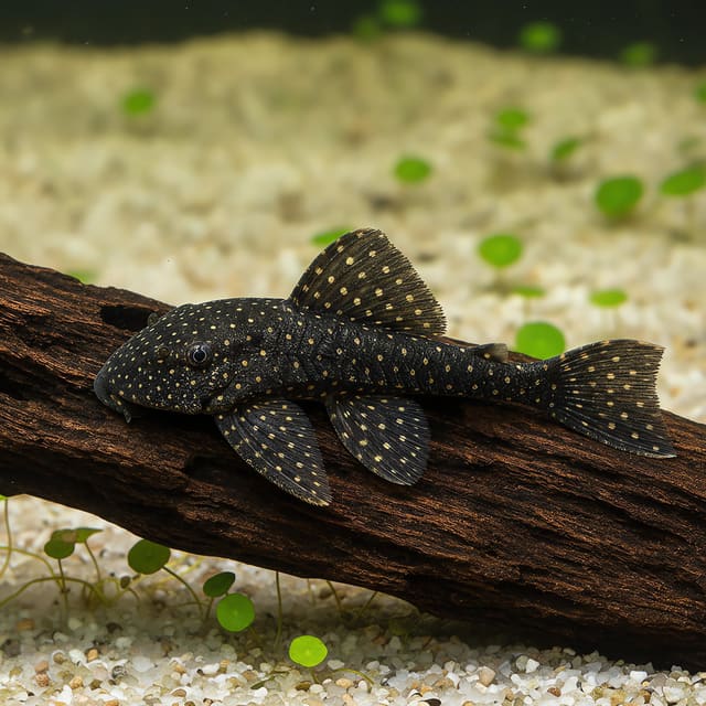 Ancistrus L59 bristlenose pleco on driftwood in a tropical aquarium
