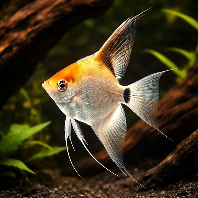 Ghost Angelfish (Pterophyllum scalare) beside aquarium driftwood