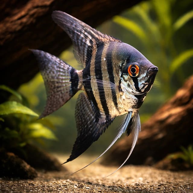 Zebra Smoke Angelfish (Pterophyllum scalare) with dark bars in a driftwood aquarium - main view