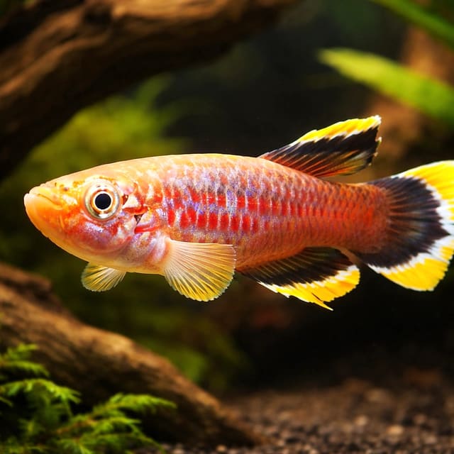 Aphyosemion celiae celiae Teke killifish in a covered planted aquarium
