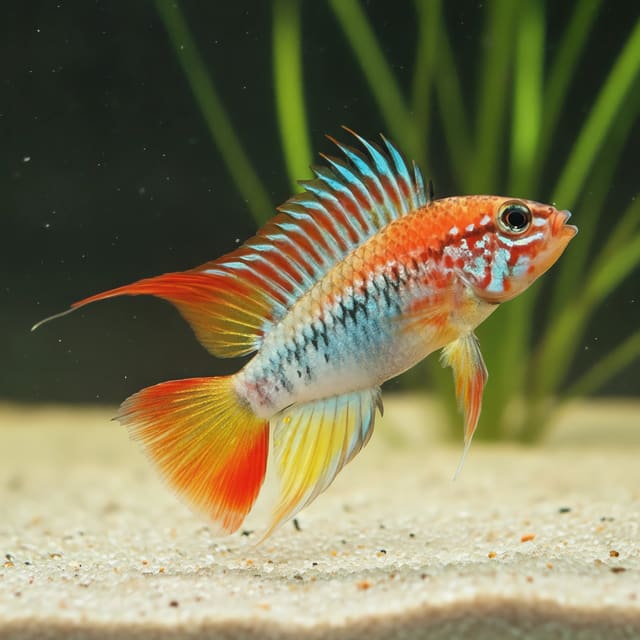 Apistogramma cf. viejita II dwarf cichlid pair in planted aquarium and source profile views