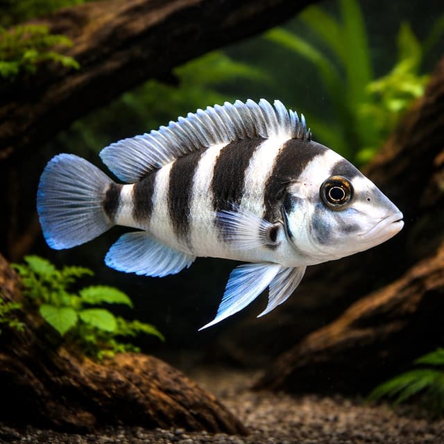 Five Bar Cichlid (Lamprologus tretocephalus) in a planted aquarium