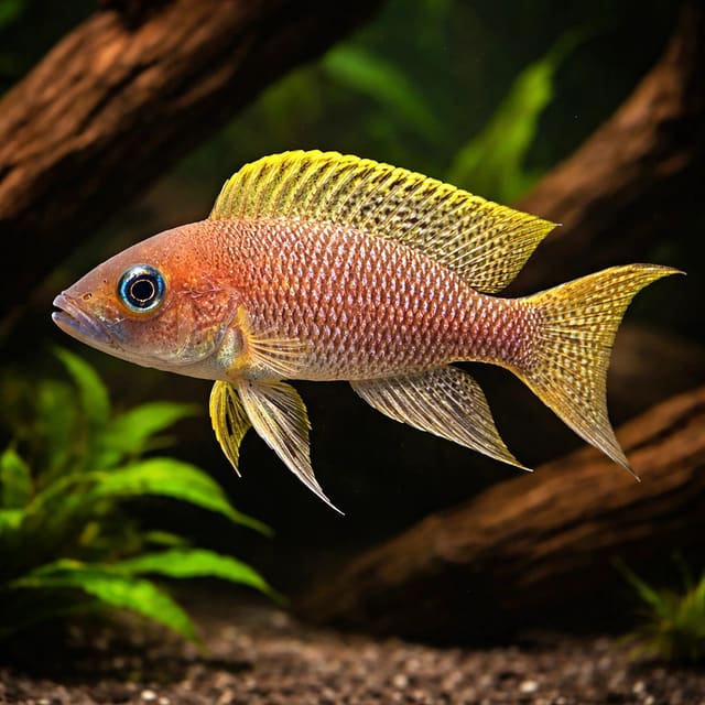 Lamprologus falcicula Tanganyika cichlid in rocky aquarium — representative image