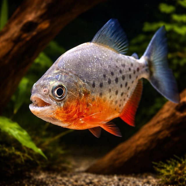 Representative illustration of a juvenile Red-Bellied Piranha in an aquarium