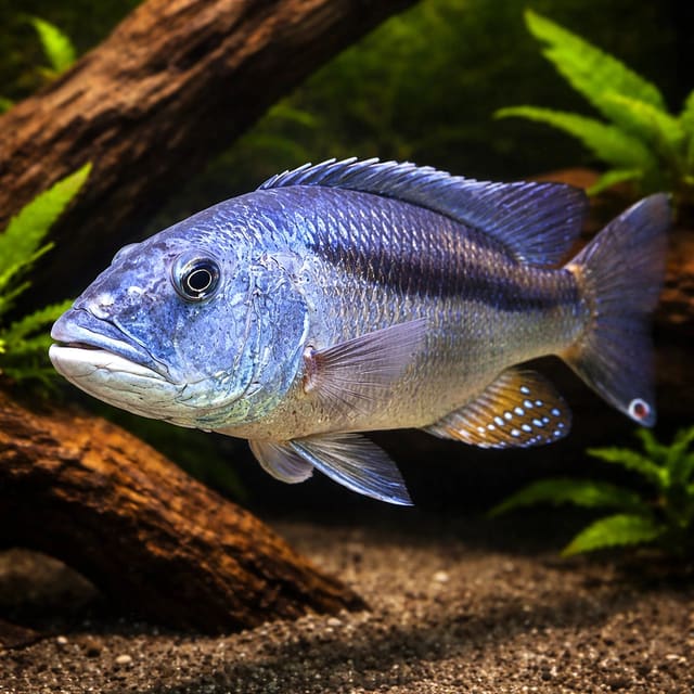 Aristochromis christyi Malawi Hawk Cichlid in a rocky aquarium