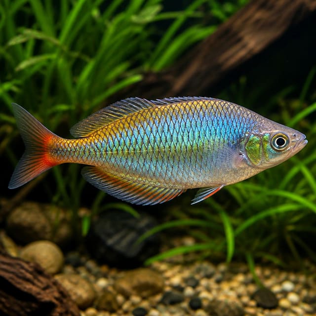 Representative digital illustration of an assorted rainbowfish in a planted aquarium
