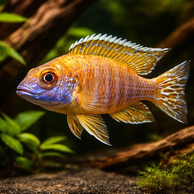 Representative of a mature-coloured Aulonocara baenschi beside aquarium wood