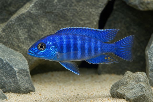 Blue Neon Peacock Cichlid Aulonocara form in a Malawi cichlid aquarium