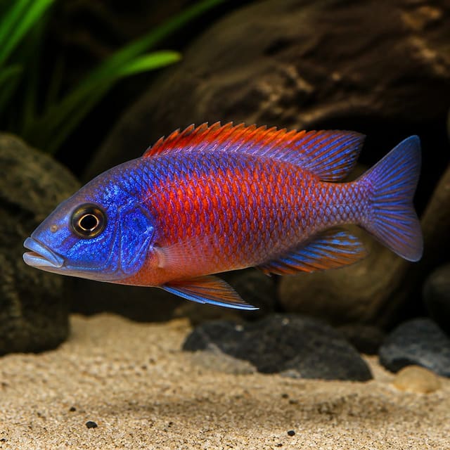 Red Flash peacock cichlid illustration; not the fish dispatched and exact colour varies